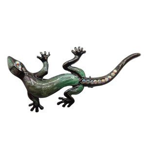 Dark Green Enamel & Aurora Borealis Rhinestone Lizard Gecko Brooch 2.25"